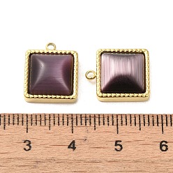 Purple 304 Stainless Steel Charms, with Cat Eye, Saqure Charms, Real 14K Gold Plated, Purple, 14.5x12x5.3mm, Hole: 1.4mm