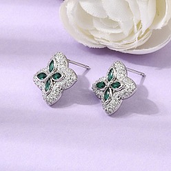Vert Mer Micro cuivres ouvrent zircone cubique boucles d'oreille, boucles d'oreilles pavées, fleur, sans plomb et sans cadmium, crémaillère plaquage, plaqué longue durée, platine, vert de mer, 15.5x15.5mm