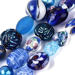 Blue Handmade Foil Glass with Gold Sand Lampwork Beads Strands, Inner Flower, Mixed Shapes, Blue, 6~37x7~28x5~21mm, Hole: 0.7~2mm, about 23~29pcs/strand, 13.58~14.76 inch(34.5~37.5cm)