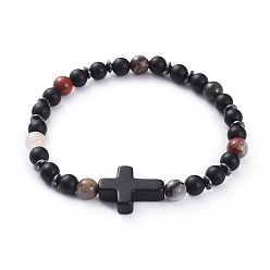 Гелиотроп Унисекс натуральный кровавый камень стрейч браслеты, с крестообразными синтетическими бирюзовыми (крашеными) бусинами, бусины из матового натурального черного агата (окрашенные) и немагнитные бусины из синтетического гематита., 2-1/8 дюйм (5.5 см)