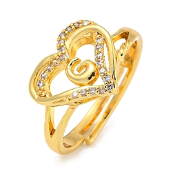 Letter G Регулируемые кольца из латуни с микро-паве в форме сердца и стойки для писем для женщин с прозрачным фианитом, без свинца и без кадмия, реальный 18 k позолоченный, Буква G, внутренний диаметр: 16 мм