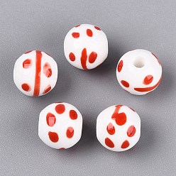 Red Handmade Porcelain Beads, Hand Painted, Famille Rose Porcelain, Round & Branch, Red, 10.5mm, Hole: 2.5mm