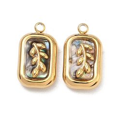 Лист Природные пауа оболочки подвески, 304 прямоугольные подвески из нержавеющей стали, вакуумное покрытие pvd, реальный 18 k позолоченный, лист, 18x10x5~6 мм, отверстие : 1.8 мм