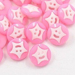 Pink Acrylic Shank Buttons for Clothes Design, Plastic Sewing Buttons, 1-Hole, Dyed, Flat Round with Smile Star, Pink, 14x3mm, Hole: 3x2mm