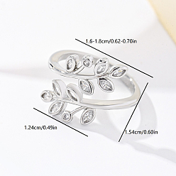 Серебро Манжеты из латуни с микро паве кубический цирконий для женщин, лист, серебряные, 15.4x12.4 мм, внутренний диаметр: 16мм~18мм