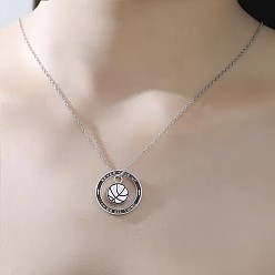 Couleur Acier Inoxydable Sports 304 bague en acier inoxydable émaillé avec pendentif en forme de ballon de basket, noir, couleur inox, 17.72 pouce (45 cm)