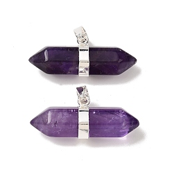 Аметист Подвески с двойным наконечником из натурального аметиста, граненые брелоки в форме пули с латунными застежками на дужках, стойки покрытие, серебряные, 12.5x32~32.5x9.5 мм, отверстие : 6x4.5 мм