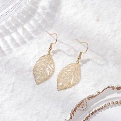 Золотой Латунь болтаться серьги, лист, золотые, 44x16 мм