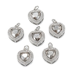 Claro Micro latón allanan colgantes cúbicos del zirconia, corazón, Platino verdadero plateado, Claro, 16.5x14x6 mm, agujero: 3.4 mm, anillo de salto: 5x0.8 mm