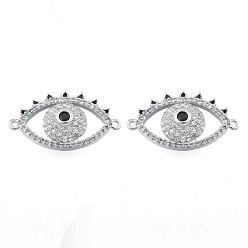 Platinum Brass Micro Pave Clear & Black Cubic Zirconia Connector Charms, Nickel Free, Eye, Platinum, 14.5x24.5x4.5mm, Hole: 1mm