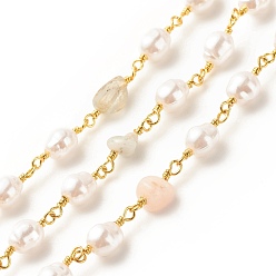 Morganite Natural Morganite Chips & ABS Pearl Beaded Chains, with Gold Plated Brass Findings, Long-Lasting Plated, Soldered, with Spool, 15~16x6.5x5mm, 15x4.5~5.5x3.5~4mm