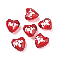 Красный Прозрачные стеклянные эмалевые бусины, бусины ручной работы, сердце с полосой, красные, 13.5x13.5x8.5 мм, отверстие : 1.2 мм