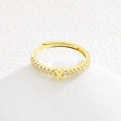 Letter X Регулируемые латунные кольца с микропаве из прозрачных кубических цирконий для женщин, буквы, золотые, Письмо X, внутренний диаметр: 16~19 мм