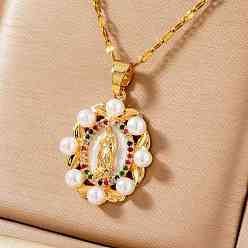 Золотой Винтажные латунные ожерелья с подвесками в форме овала, украшенные микропаве из разноцветных кубических цирконий, с изображением Девы Марии, с белой эмалью и искусственным жемчугом, золотые, 15.75 дюйм (40 см)