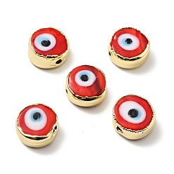 Красный Ручной зло бусины глаз, с латунной фурнитурой , плоско-круглые, красные, 11.5x6 мм, отверстие : 1.6 мм