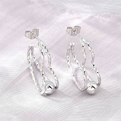 Stainless Steel Color 304 Stainless Steel Textured Wavy Wire Heart Shape Stud Earrings for Women, with 316 Surgical Stainless Steel Pins, Stainless Steel Color, 29x22x8.5mm