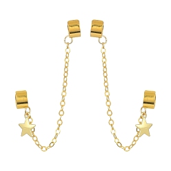 Golden Brass Cuff Earrings, Long Chains Double Non Piercing Earrings with Alloy Charms, Star, Golden, 103mm.