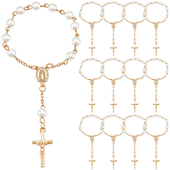 Light Gold 50шт. браслеты из сплава с крестом и подвеской в виде Иисуса, браслеты из круглых бусин с имитацией жемчуга для женщин, золотой свет, 5-1/4 дюйм (13.5 см)