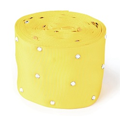 Yellow Polyester Grosgrain Ribbon, with Single Face Crystal Rhinestone, for Crafts Gift Wrapping, Party Decoration, Yellow, 2 inch(52mm), 5 yards/roll(4.57m/roll)