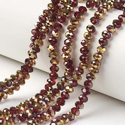 Dark Red Electroplate Transparent Glass Beads Strands, Half Golden Plated, Faceted, Rondelle, Dark Red, 4x3mm, Hole: 0.4mm, about 113~115pcs/strand, 41~42cm