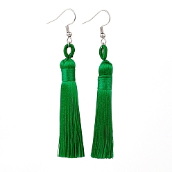 Green Polyester Tassel Earrings, with 304 Stainless Steel Earring Hooks, Stainless Steel Color, Green, 82mm, Pin: 0.6mm