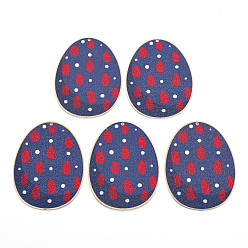 Steel Blue Spray Painted Brass Pendants, Christmas Theme, Oval with Spot Pattern, Light Gold, Cadmium Free & Nickel Free & Lead Free, Steel Blue, 48x36x0.3mm, Hole: 1.6mm