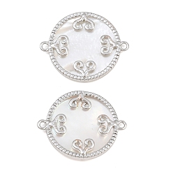 Real Platinum Plated Brass & Natural Shell Connector Charms, Flat Round with Heart Motif Links, Real Platinum Plated, 25.5x21x3mm, Hole: 1.5mm
