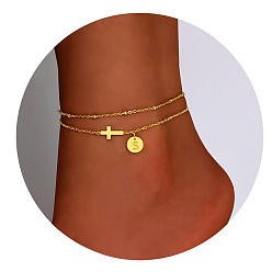 Letter S Браслеты на ногу из латуни с боковыми поперечными связями и плоскими круглыми начальными подвесками, золотые, Письмо с, 7-7/8 дюйм (200 мм)