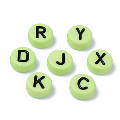 Lawn Green Opaque Acrylic Beads, Horizontal Hole, Flat Round with Black Random Letters, Lawn Green, 10x4.5mm, Hole: 2mm, about 1600pcs/500g