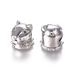 Real Platinum Plated Brass Micro Pave Cubic Zirconia Cougar Beads, Lion Head, Green, Real Platinum Plated, 14x14x14mm, Hole: 2.5mm