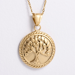 Золотой Ожерелья из нержавеющей стали с круглым кулоном в виде дерева жизни, религиозные украшения, золотые