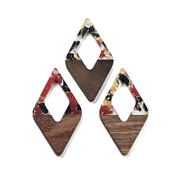 Черный Подвески из орехового дерева, смола и золотая фольга, ромб, чёрные, 47.5x25.5x3.5 мм, отверстие : 2 мм