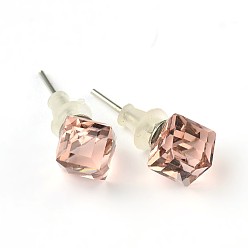 Розовый Блестящие стеклянные стразы серьги, с компонентами платины латунь уха шпильки, светло-розовый, 9x7 мм , штифт: 0.7 мм