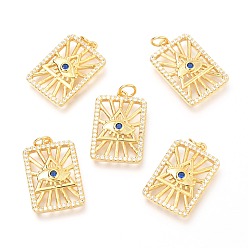 Настоящее золото 18K Латунные микропаве прозрачные подвески с фианитом, с прыжковых колец, прямоугольник со всевидящим оком, реальный 18 k позолоченный, 21.9x14x3.3 мм, отверстие : 3.4 мм