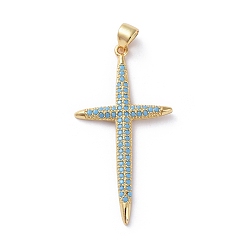 Золотой Латунные микро проложить кубического циркония подвески, крестик, бирюзовые, золотые, 38.8x20x2 мм, отверстие : 4x5 мм