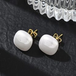 Blanco Pendientes de botón de imitación de perlas de latón y plástico ABS para mujer, plaza, larga duración plateado, chapado en rack, sin plomo y el cadmio, dorado, blanco, 12x12 mm