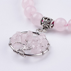 Rose Quartz Gemstone Stretch Bracelets, with Tibetan Style Pendants, Tree of Life, 2 inch(52mm)