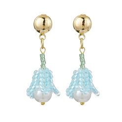 Светло-Синий Серьги-гвоздики из цветка из стеклянного бисера ручной работы, с пластиковой жемчужины, золотые, голубой, 39x14 мм