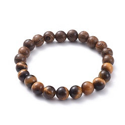 Tiger Eye Stretch Bracelets, with Natural Tiger Eye Beads and Wood Beads, Round, 2-1/4 inch(5.7cm)