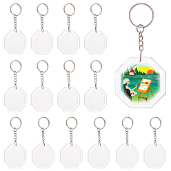 Clear 16 Sets Transparent Acrylic Blank Photo Picture Frame Keychain, with Iron Split Key Rings, Octagon, Platinum, Clear, 4-1/4 inch(10.8cm)