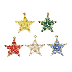 Mixed Color Electroplate Glass Pendants, Star Charms, with Seed Beads, Faceted, Mixed Color, 40x38x6.5mm, Hole: 1.6mm