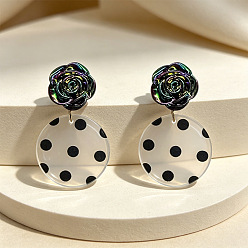 Black Iron & Acrylic Stud Earrings for Women, Flat Round with Flower, Black, 50x30mm