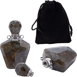 Labradorite Faceted Natural Labradorite Openable Perfume Bottle Pendants, Essential Oil Bottles, with Rectangle Velvet Pouches, 37.5x23x13.5mm, Hole: 1.8mm, Capacity: about 2ml(0.06 fl. oz), 2pcs/set
