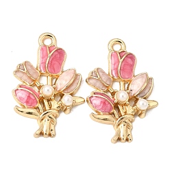 Pink Подвески из эмали и сплава, , с ABS имитации жемчуга, стойки покрытие, долговечный, золотые, розовые, 25x17x4.5 мм, отверстие : 1.6 мм