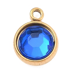 Сапфир 304 прелести нержавеющей стали, с акриловыми стразами, очарование камня, граненые, плоско-круглые, золотые, сапфир, 10x8x4 мм, отверстие : 1.3 мм