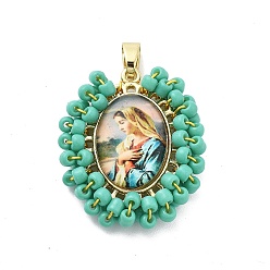 Бирюза Стойки обшивки латунные прелести, без свинца и без кадмия, долговечный, овал с амулетами Девы Марии, бирюзовые, 31x25.5x6 мм, отверстие : 6x3.5 мм