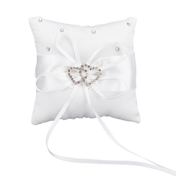White Tribute Silk Wedding Ring Pillow with Polyester Ribbon and Alloy Heart, Square, White, 100x100x39mm