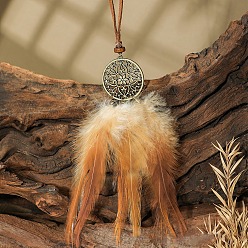 Цветок Женские ожерелья из искусственной замши с большим кулоном из сплава и дерева в этническом стиле с сеткой и перьями, античная бронза, цветок, 15.75 дюйм (40 см), Кулон : 145x45 мм