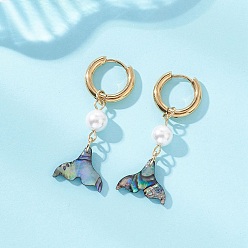 Золотой Серьги-кольца из раковины пауа и нержавеющей стали, рыбий хвост, с имитацией жемчуга, золотые, 202 мм