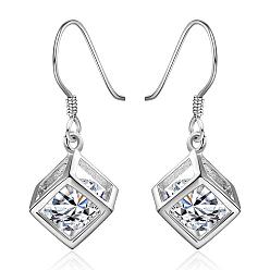 Silver Elegant Fashion Cube Brass Cubic Zirconia Dangle Earrings, Clear, Silver Color Plated, 30x11mm